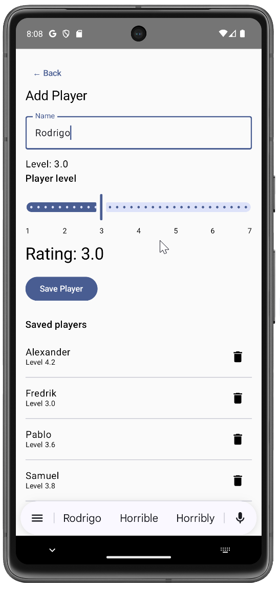 PadelWatch player management screen